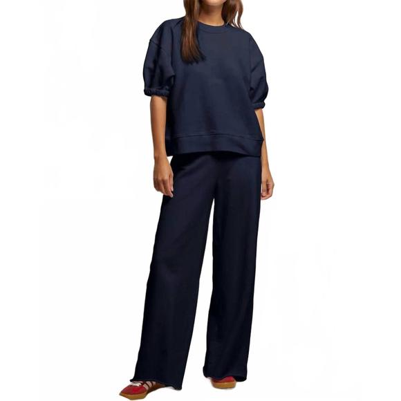 NEW PERFECTWHITETEE rebecca french terry 3/4 puff sleeve sweatshirt in navy - Picture 1 of 3